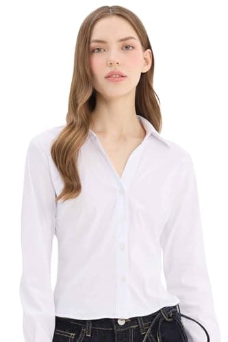DeFacto Woman Fitted Shirt Neck Long Sleeve Young Woven Top Long Sleeve Shirt Y3128AZ,White M