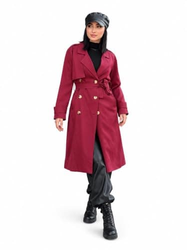 Women's Maroon Double Button Trench Coat with Belt | Wine color, double button, with belt
