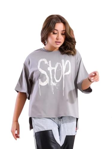 BEBO Women's Printed 1/2 Sleeve T-Shirt 22146_Gray_L_24 Grey L