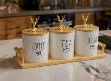 Generic Coffee, Tea and Sugar Canister Set with Gold Deer Lids, Bamboo Covers and Wooden Tray, 3 Pieces, .bs Food storage container