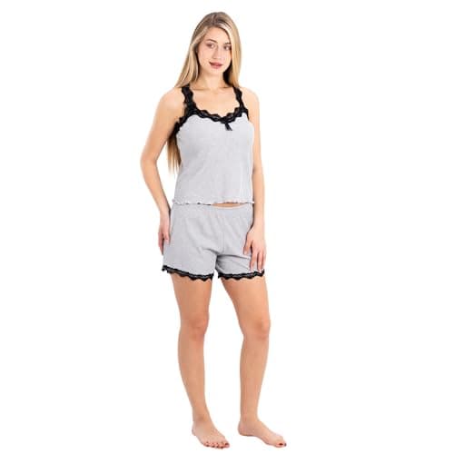 Women’s Ribbed Cotton Lace Pajama Set | Sleeveless Top & Hot Shorts | Elegant Lightweight Summer Loungewear | Soft & Breathable Homewear for Women