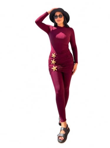 Women's Modest Burkini Swimsuit 3-Piece Set – Long Sleeve Swim Top, Ruched Starfish Mini Skirt & Leggings From La Vie Model LV-BRK-194