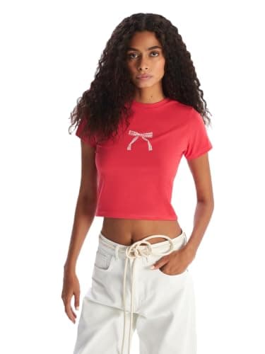 LC WAIKIKI Woman Crew Neck Ribbon Printed Crop