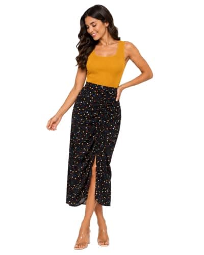 Front Slit Skirt, High-Waisted with Ruched Front, Lightweight Fabric, Casual and Special Occasions, Leopard and Galaxy Print, Sizes M-XL
