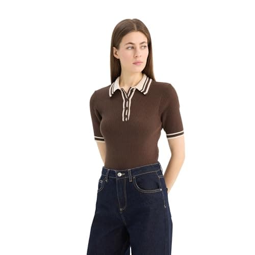 DeFacto Woman Casual Regular Fit Polo Neck Short Sleeve Tricot Pullover,Brown L