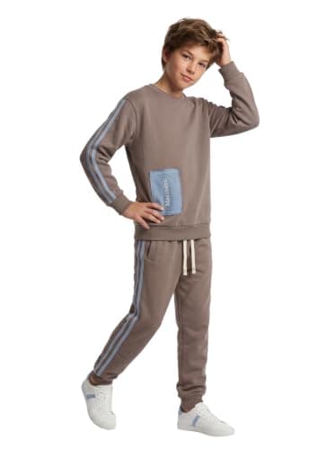 Marinero Boys’ 2-Piece Cotton Set – Graphic Print Crew Neck Sweatshirt & Side-Stripe Jogger