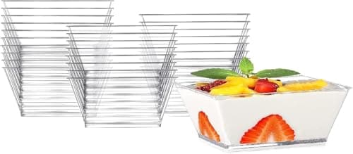 50 Pieces Small Candy Bowls Reusable Rectangle Plastic Candy Cups Appetizer Cups Clear Transparent Half Moon Cup for Ice Cream Jelly Dessert