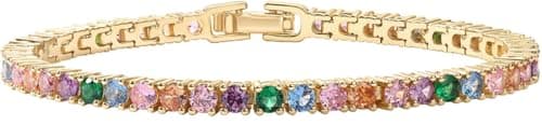 Julia Store 18K Gold Plated 3mm High Carbon Diamond Trendy Tennis Bracelet Classic Women's Design, Suitable for Everyone Colorful Cubic Zirconia Classic Tennis Bracelet