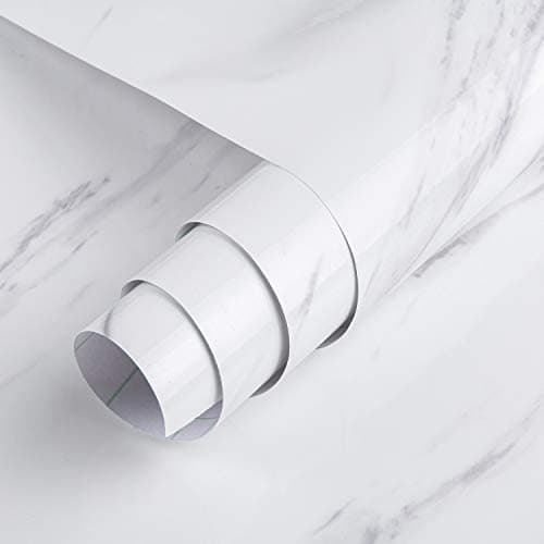White Marble Wallpaper Glossy Peel and Stick Granite Wall Paper Waterproof Countertop Contact Paper Removable Self Adhesive Vinyl Wall Sticker for Kitchen Cabinets Bathroom Wall, 24×197in Creamy White