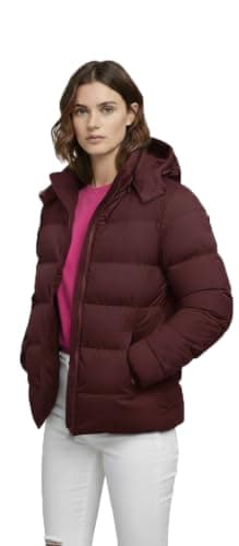 Women's Hooded Puffer Jacket, Burgundy, Quilted Winter Coat, Zip-Up, Warm Outerwear