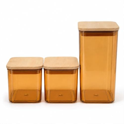 Wellini 3-Piece Acrylic Food Storage Container Set 2.1 Liters & 0.9 Liters - BPA-Free, Airtight Natural Bamboo Lids, Stackable Used for Pantry & Kitchen Organization (Amber Orange)