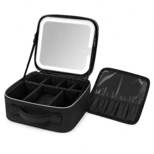 Makeup Bag with LED Mirror, Portable Cosmetic Case with 3 Light Modes, Adjustable Compartments and Water-Resistant ABS Storage Organizer for Women, Home and Travel, X-494, Black