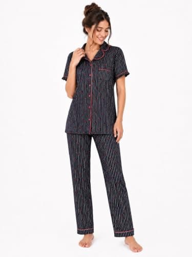 CAESAR Womens Women's two-piece striped pajama set with front buttons Women's two-piece striped pajama set with front buttons Outerwear