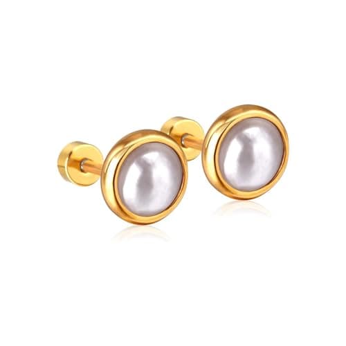Julia Store 18G Pearl Screw Back Small Stud Earrings for Women Girls Minimalist 14K Gold Plated Surgical Steel Cartilage Tragus Piercing Studs Hypoallergenic for Sensitive Ears Valentine's Gift