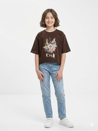CAESAR Girls Girls' cotton short-sleeved t-shirt with prints on the chest Girls' cotton short-sleeved t-shirt with prints on the chest
