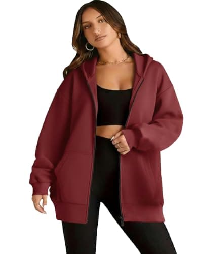 Women's Oversized Zip-Up Hoodie, Burgundy, Long Sleeve, Casual Fleece Sweatshirt with Pockets