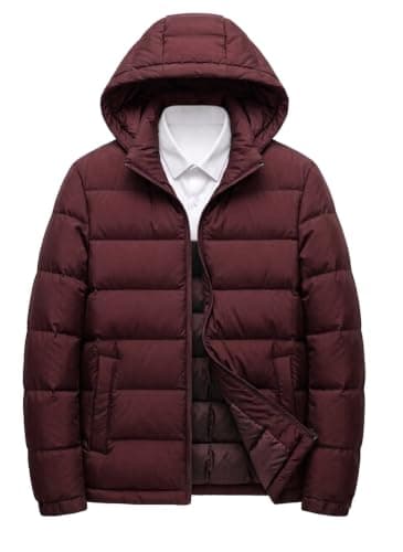 Waterproof Men's Hooded Puffer Jacket, Wine Red, Quilted Winter Coat | Zip Closure, Side Pockets, Padded Insulation, Cold Weather Wear, Casual Outerwear