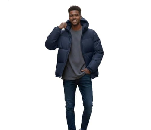 Men's Hooded Puffer Jacket, Navy Blue, Quilted Winter Coat with Zip Closure