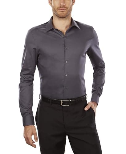 Van Heusen Men's Dress Shirt Slim Fit Flex Collar Stretch Solid, Charcoal, 14.5" Neck 32"-33" Sleeve (Small)