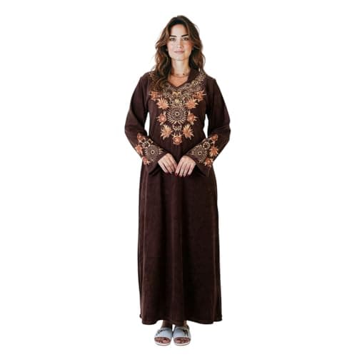 ZECOTEX Women’s Classic Velvet Embroidered Nightgown Abaya | Elegant Winter Hostess Thobe for Home & Guests | Soft Warm Long Dress – Brown | عباية شتوي قطيفة مطرزة كلاسيك Nightgown nightshirt