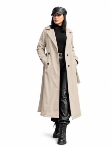 Women's Trench Coat Quilted Fur Water Proof Light Beige | Waterproof,Warm fur lining,Long cut,Double button,Waistband