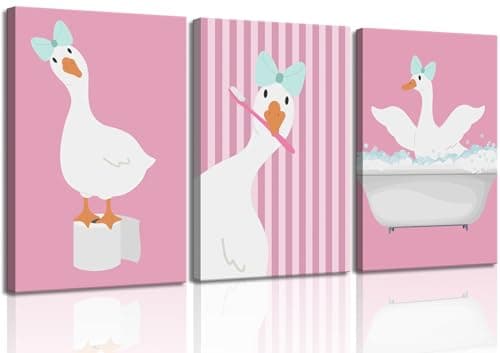 3 Pcs Silly Goose Pink Bathroom Canvas Wall Art Cute Animal Wall Decor Pictures Funny Kids Washroom Poster Prints for Family Bathroom Children Restroom Decorations Ready to Hang