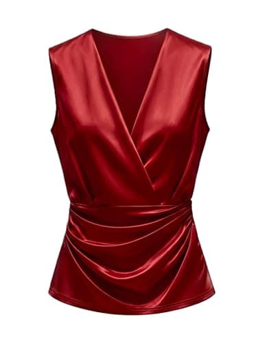 Women's Elegant Burgundy V Neck Sleeveless Top with Pleated Detail Shirt