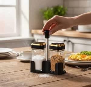 Generic Glass Salt and Sugar Jar Set, Square, with Plastic Stand, 100 ml Capacity, 2-in-1 Dining Table Condiment Set, .db Food storage container