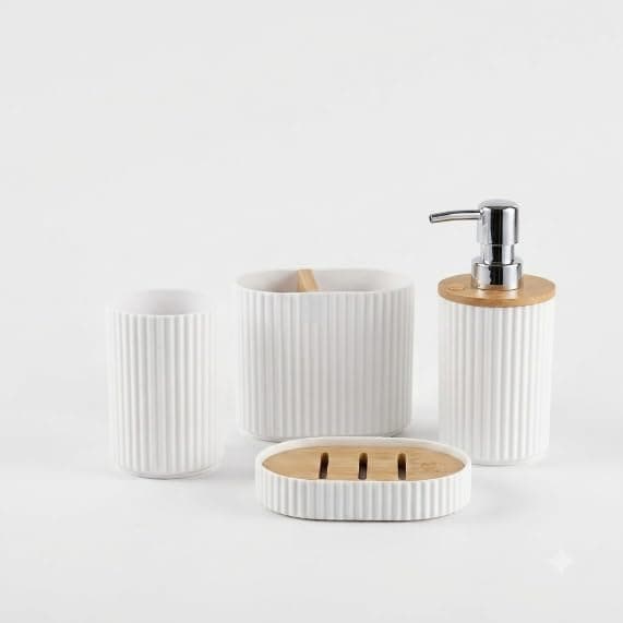 4 Piece Bathroom Set Reinforced Plastic Corrugated Wood Design, Utensil Cup, Brush Cup, Soap Dish, Soap Dispenser, Practical and Stylish Bathroom Set Helps Organize Bathroom and Keep Tidy.