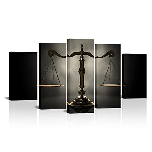 PoGoXiPoYo Large 5 Panels Legal Canvas Wall Art Justice Scales Picture Paintings Black and White Artwork Vintage Wall Decor Stretched and Framed for Lawyer Office Decor