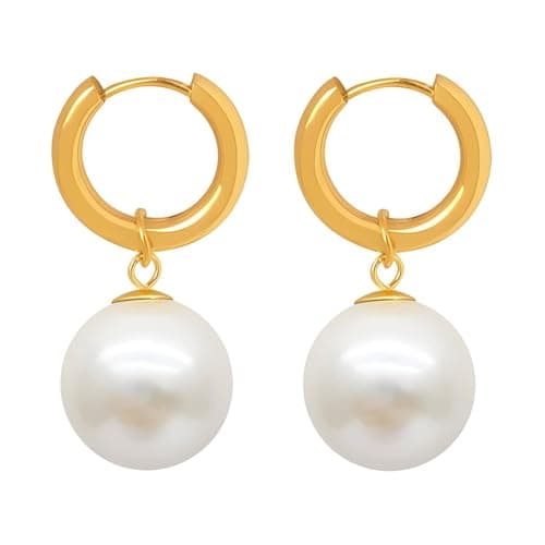 Julia Store 18K Gold Plated Stainless Steel Dangle Drop Designer Style Pearl Trendy Huggie Hoop Earrings for Women