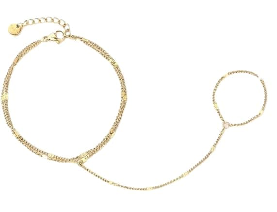 Gold Plated Stainless Steel Hand Chain Bracelet with Finger Ring | Non-Tarnish, Waterproof, Link Chain Design, For Women, Summer Jewellery