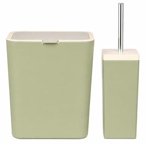 Primanova Bathroom Waste Bin and Toilet Brush Set – Plastic 2-Piece Set – 6 Liters Flip-Lid Bin – Compact Design for Bathroom & Toilet. (Green) Cleaning brush