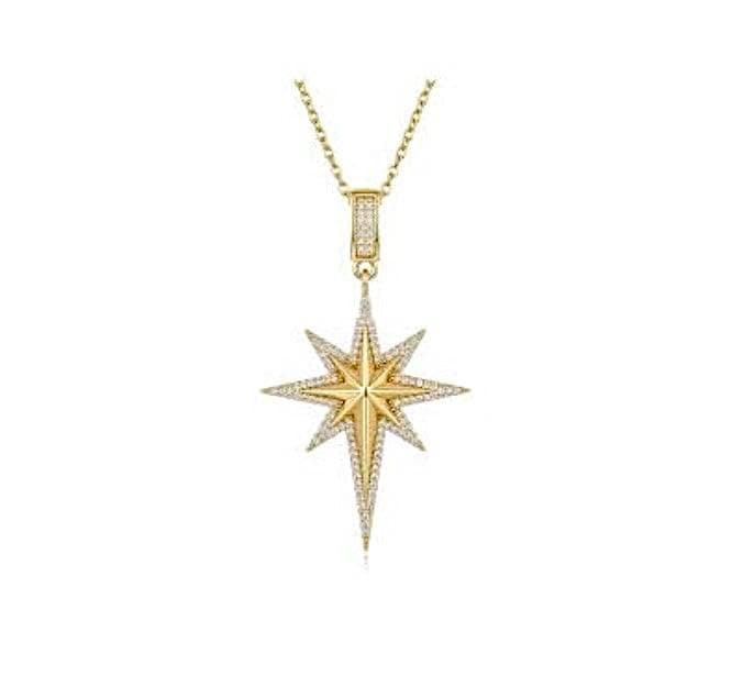 North Star Necklace, Gold, with Crystal Stones, Elegant Design for Women