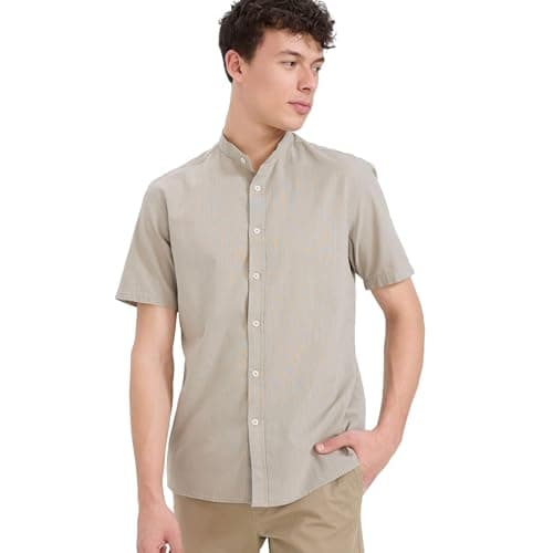 DeFacto Mens Casual Woven Top Regular Fit Stand- Up Collar Short Sleeve Short Sleeve Shirt E1731AX Modern