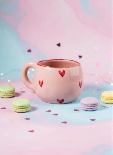 Pink Haneen Ceramic Mug Hand-Painted Hearts Coffee Tea Cup Gift