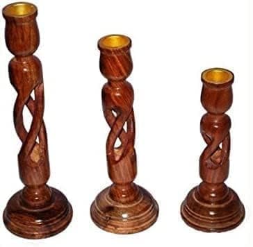 Indian Sheesham Wood Candle Holder Set 3 Pcs Handmade Decorative Carvings