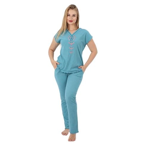 Cotton Embroidered Women's Pajama Set | Soft Lounge Wear | Short Sleeve Top & Full-Length Pants | Sizes S to 2XL