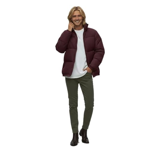 Men's Burgundy Puffer Jacket with Hood, Quilted Winter Coat, Zip-Up Outerwear