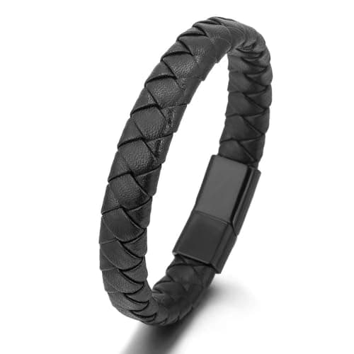 Men's Leather Bracelet Multilayer Braided Magnetic Closure Black