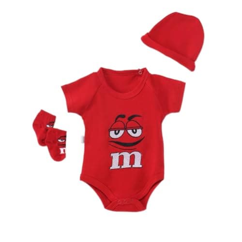 Bebic Bodysuit + Hat + Socks Set for Baby Boys - Baby 3-piece set: red M&M's character bodysuit Shirt