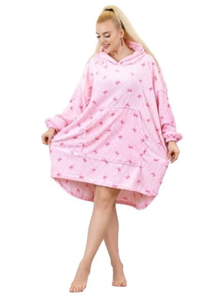 Women Bowknot Print Loose Blanket Hoodie Pink | Large Front Pocket, Long Sleeve, Warm Home Wear, Stripe Design, One Size Apparel