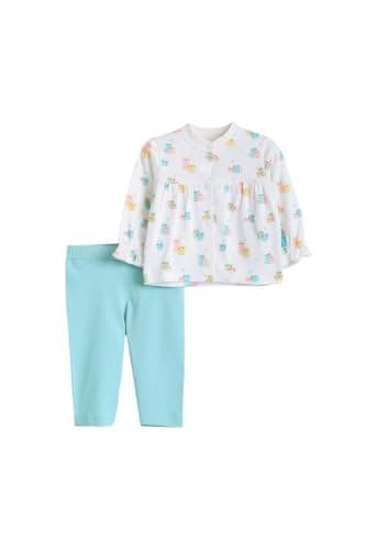 Junior Baby Girls 2-Piece Autumn Outfit Set - Long Sleeve Button Jacket & Printed Pants, Soft Cotton Blend Infant Clothing Set, Multicolor, 06
