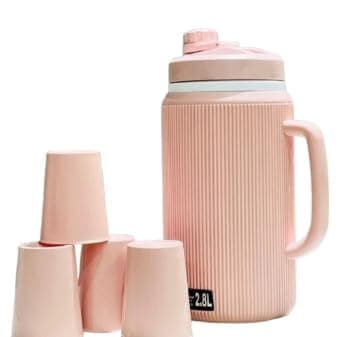 Picnic Water Bottle with Cups – Ribbed Cold Drink Container with Side Handle for Easy Carry and Pour and Top Lid for Outdoor Use (H), 2.8L