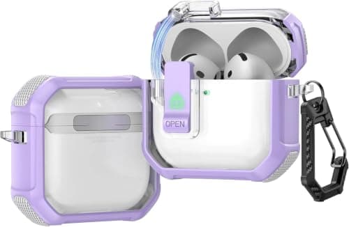 For Case (Compatible with AirPods 4) Case (2024) Cover with Lock, Clip Airpods 4th Generation Case 2024 Men Women, Shockproof Protective Hard Shell with Carabiner (Purple)