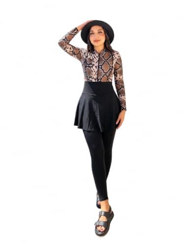 La Vie Women Swimwear Women's Modest Burkini Swimsuit – Snake Print Zip-up Top, Flared Swim Skirt, Leggings & Turban