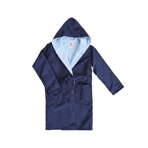 Kids Waterproof Hooded Bathrobe - Navy Blue Quilted Robe with Ultra-with Baby Blue Cotton Absorbent Lining - Perfect for Swimming, Beach, and Bath - Waterproof & Quick-Dry.
