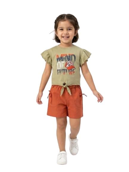 Billion Girls' 2-Piece Set, Graphic Tee with Ruffle Sleeves and Rust Orange Shorts SG26-205 Coordinated outfit