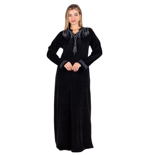 ZECOTEX Women Velvet Embroidered Nightgown – Winter Night Dress | Soft Warm Velvet with Chest & Sleeve Embroidery | عباية قطيفة مطرزة شتوي Nightgown | Night Dress Nightgown nightshirt