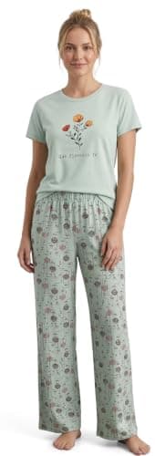 Naoom Women's Pyjama Set, Mint Green, Floral Print, Short Sleeve Top with Full-Length Trousers, Plus Size XL-3XL Pajamas